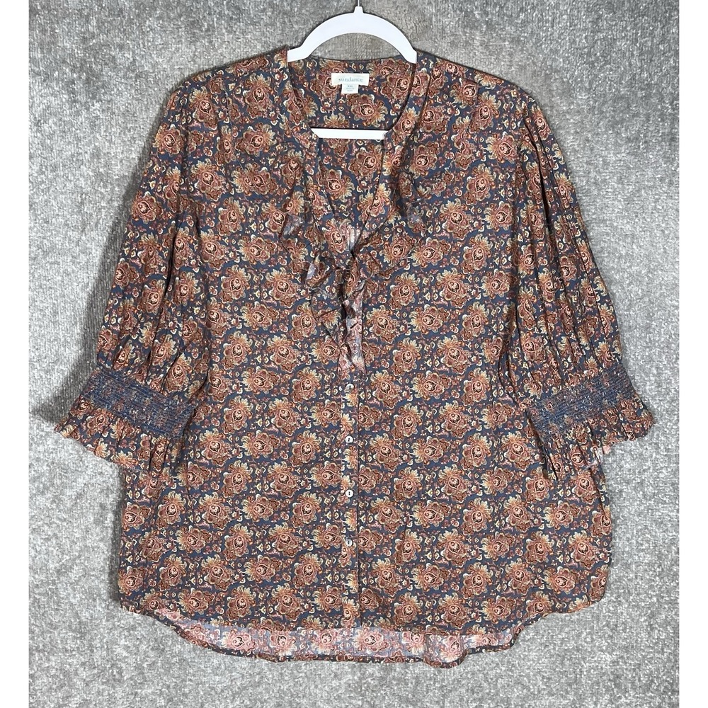 Sundance Jeanie Floral Ruffle Button Up Top Womens Sz XXL Brown Puff Sleeve Boho